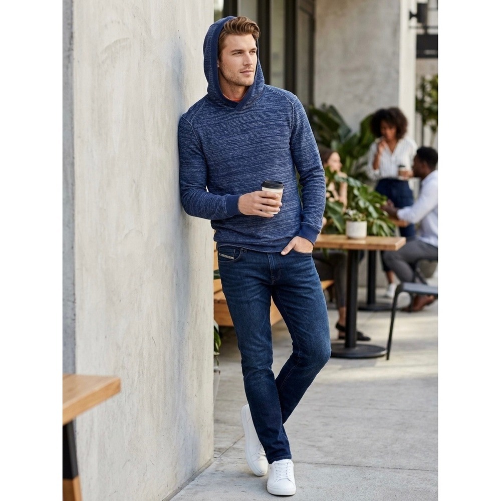 Hugo Boss Orange Label Kelvino Blue Space Dye Cotton Knit Hoodie Mens Large